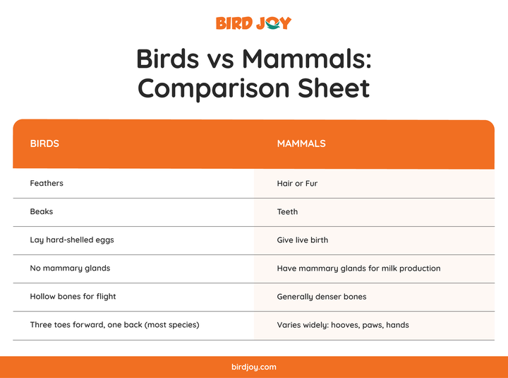 birds vs mammals comparison sheet