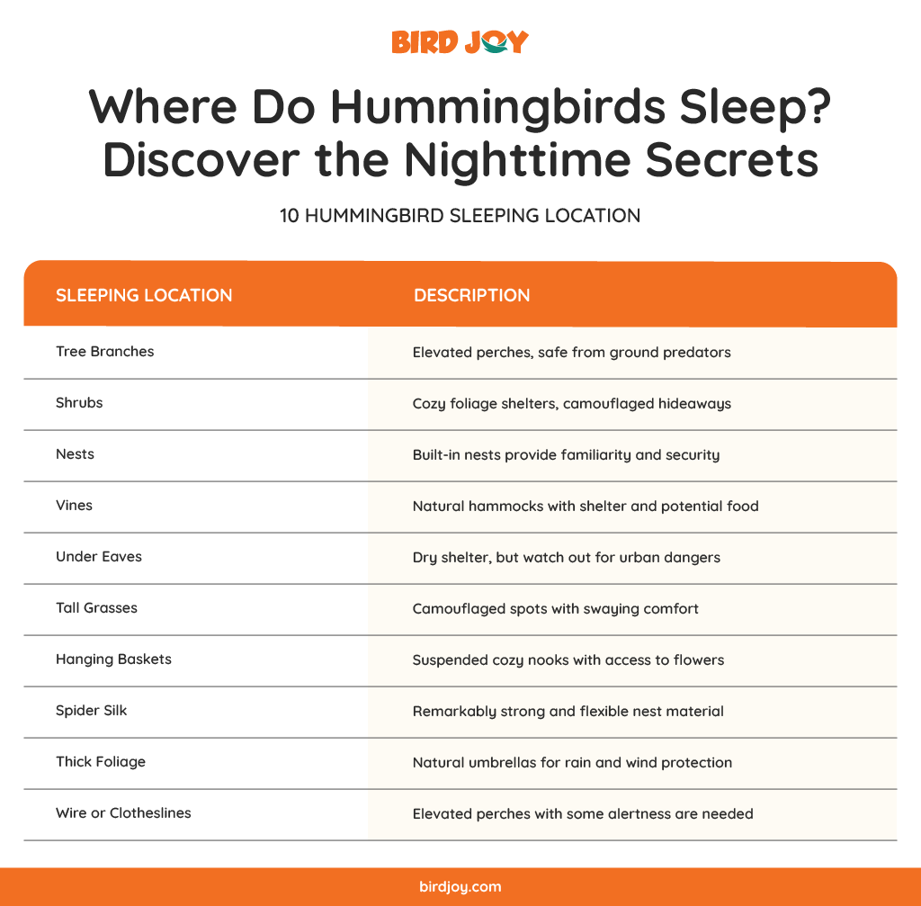hummingbird sleeping location chart
